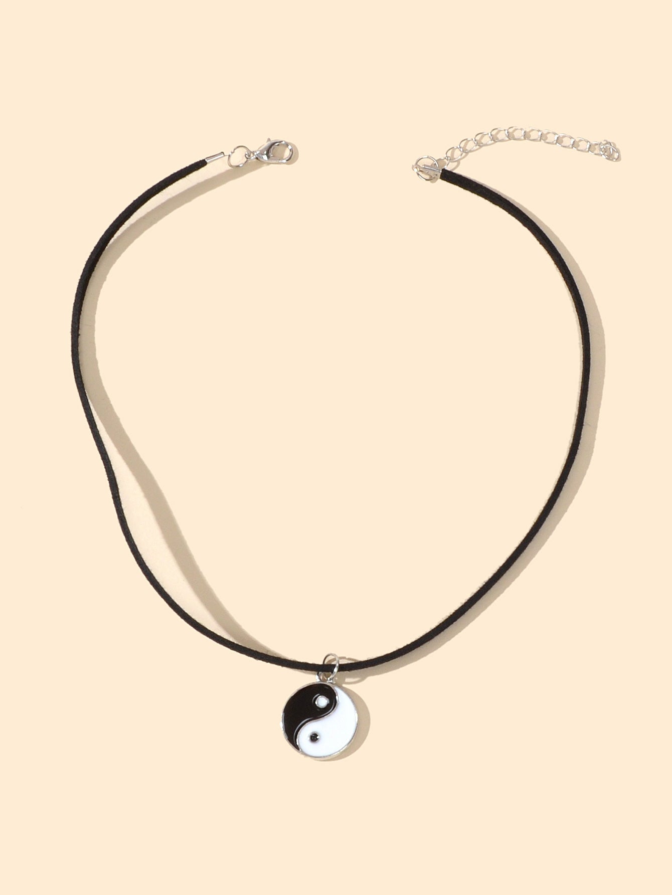 Black Cord Enamel Yin Yang Tai Chi Round Pendant Necklace PU Leather Rope Collar