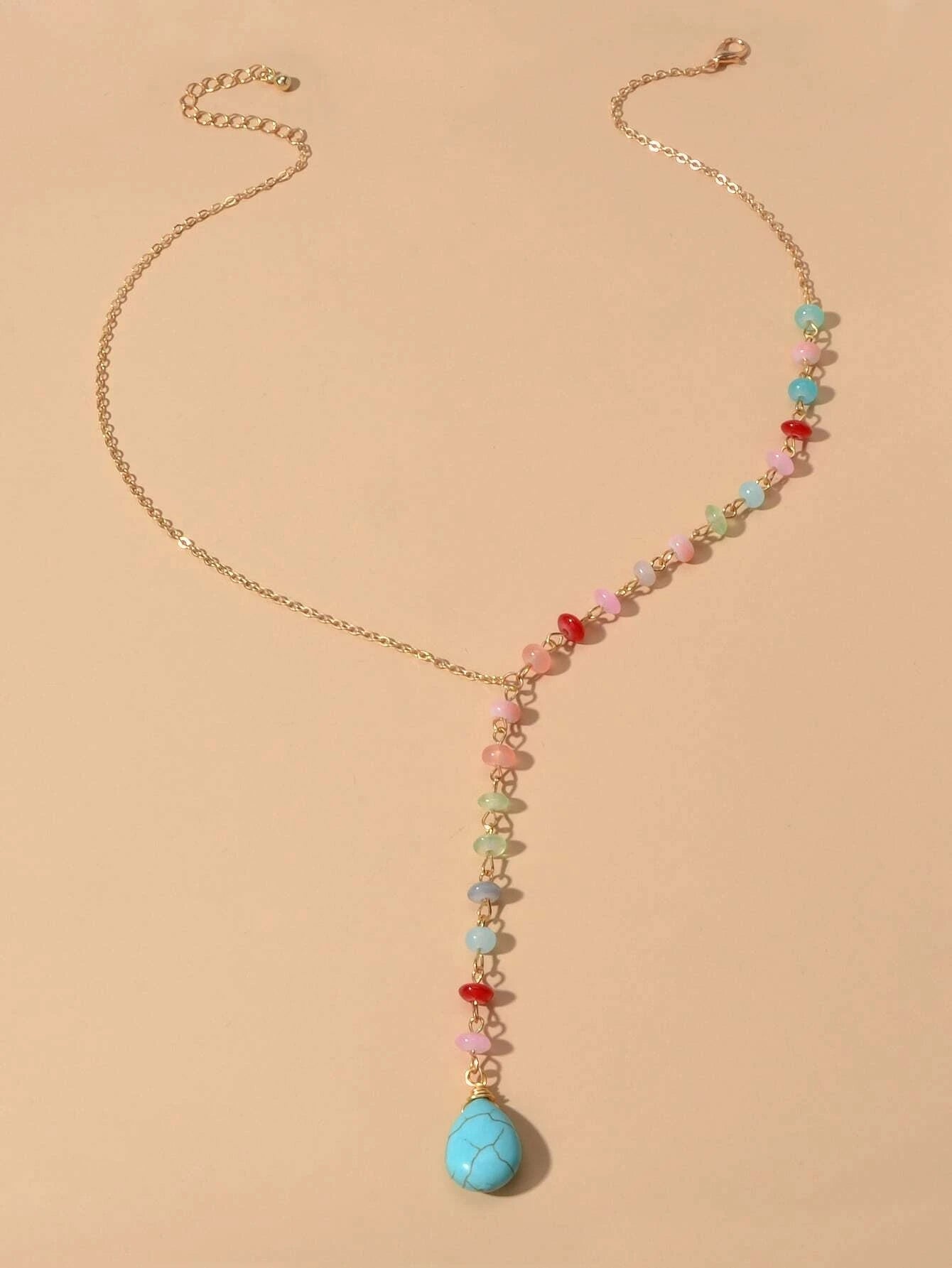 Boho Chic Handmade Colorful Beads Turquoise Water Drop Pendant Necklace Collar