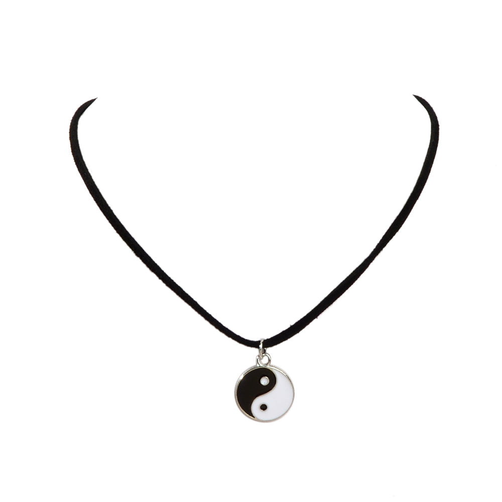Black Cord Enamel Yin Yang Tai Chi Round Pendant Necklace PU Leather Rope Collar
