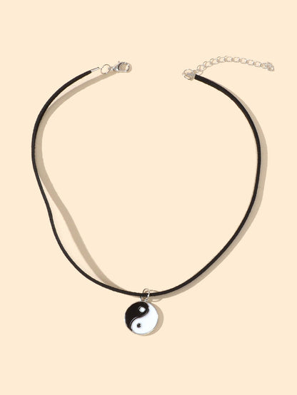 Black Cord Enamel Yin Yang Tai Chi Round Pendant Necklace PU Leather Rope Collar