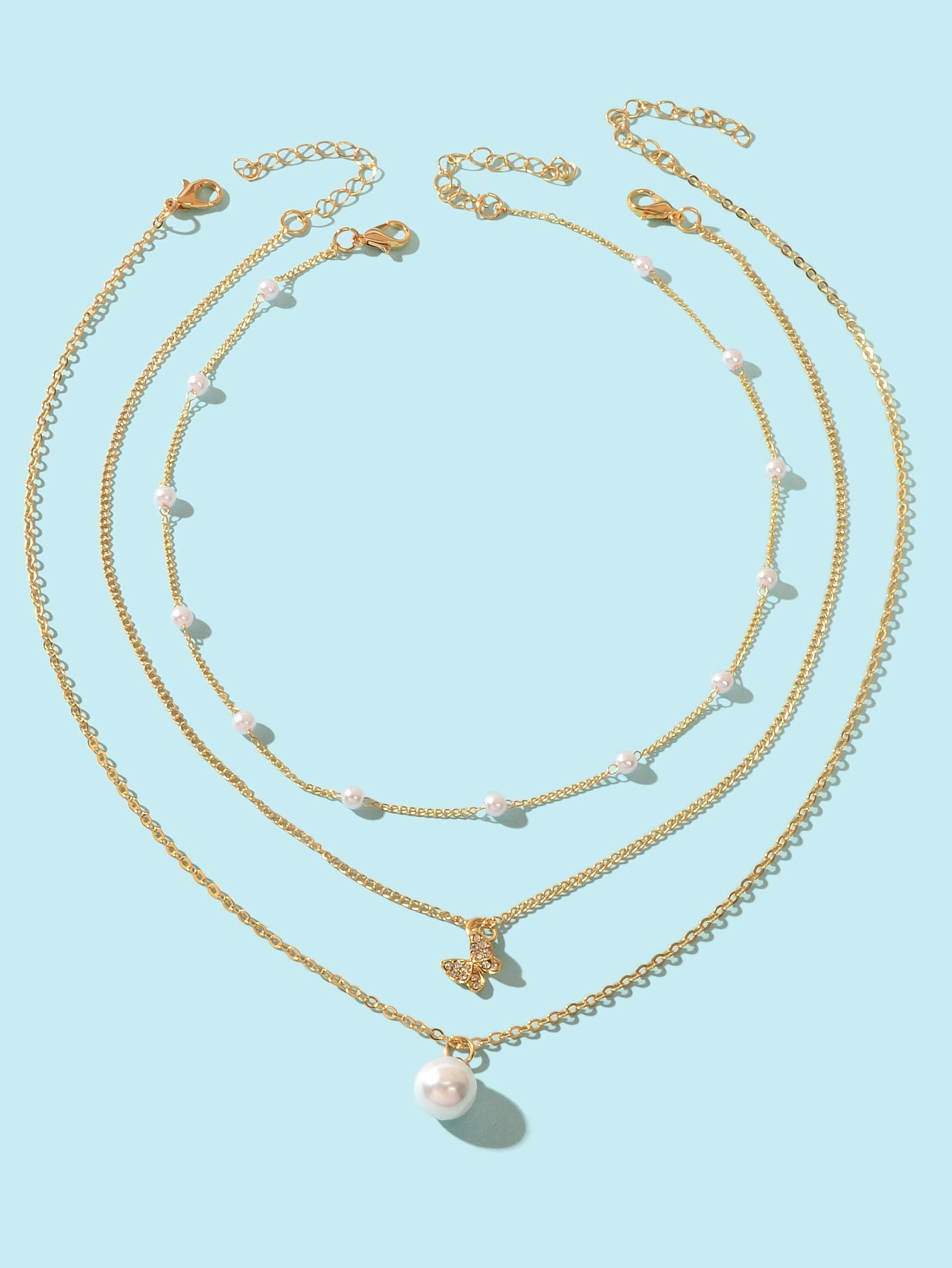3 pcs Exquisite Pearl Rhinestone Gold Chain Layered Butterfly Pendant Necklace