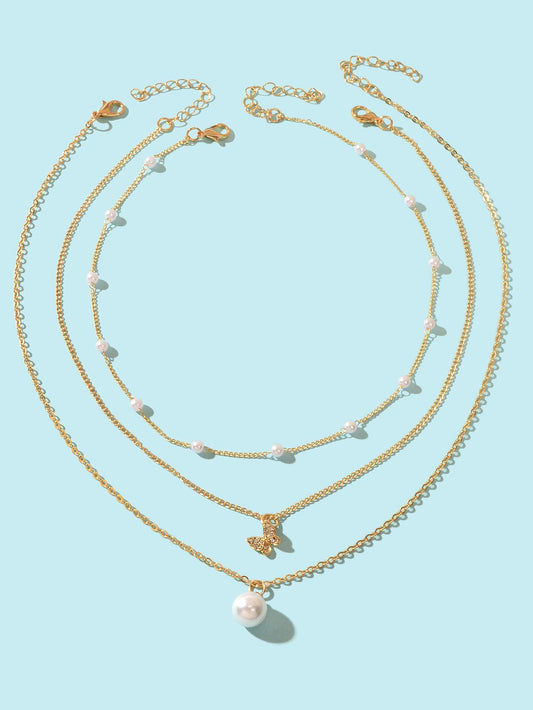3 pcs Exquisite Pearl Rhinestone Gold Chain Layered Butterfly Pendant Necklace