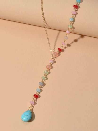 Boho Chic Handmade Colorful Beads Turquoise Water Drop Pendant Necklace Collar
