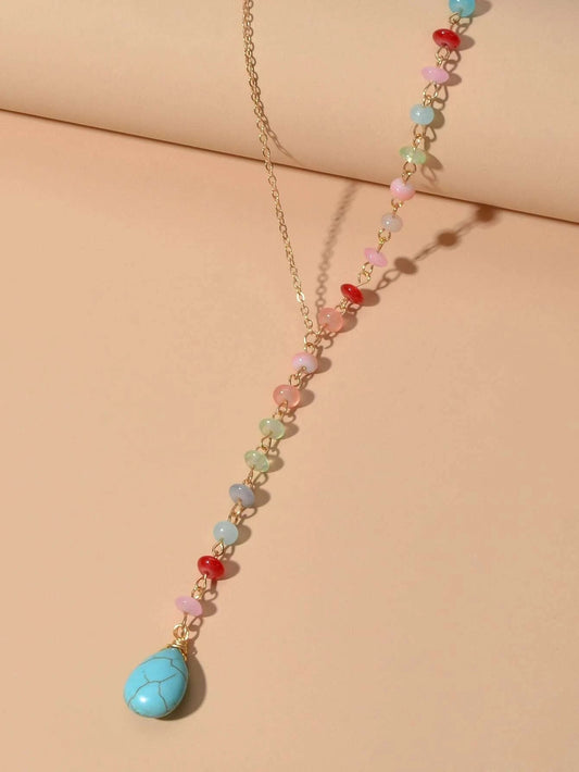 Boho Chic Handmade Colorful Beads Turquoise Water Drop Pendant Necklace Collar