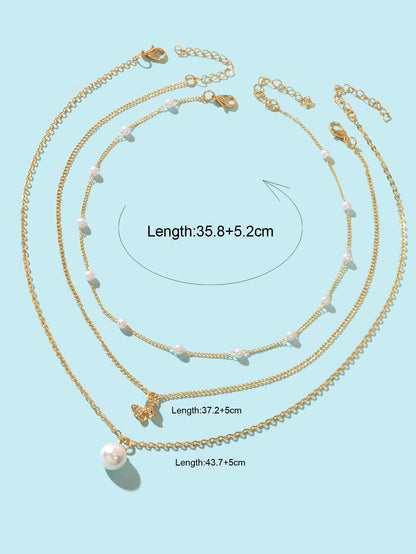 3 pcs Exquisite Pearl Rhinestone Gold Chain Layered Butterfly Pendant Necklace