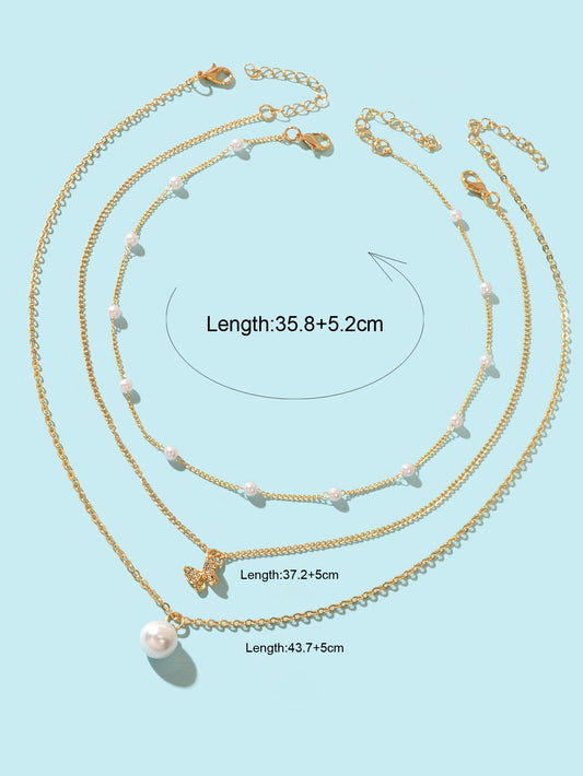 3 pcs Exquisite Pearl Rhinestone Gold Chain Layered Butterfly Pendant Necklace
