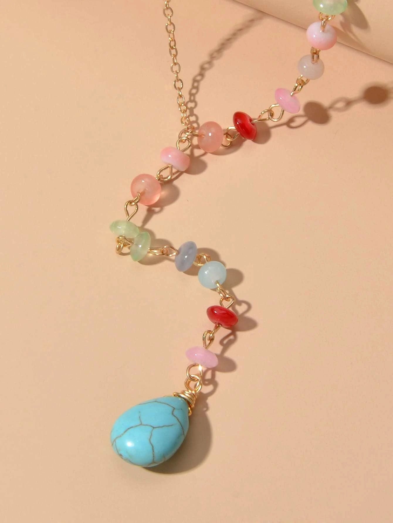 Boho Chic Handmade Colorful Beads Turquoise Water Drop Pendant Necklace Collar