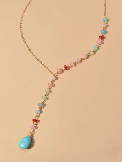 Boho Chic Handmade Colorful Beads Turquoise Water Drop Pendant Necklace Collar