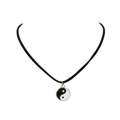 Black Cord Enamel Yin Yang Tai Chi Round Pendant Necklace PU Leather Rope Collar