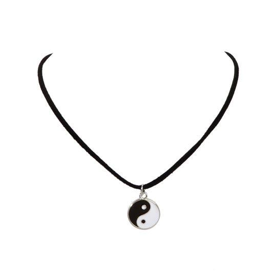 Black Cord Enamel Yin Yang Tai Chi Round Pendant Necklace PU Leather Rope Collar